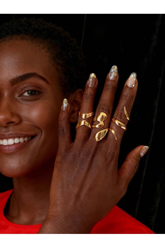 Gold Geometric Open Ring Set For Women, Bold Punk Retro Layered Stackable Statement Rings