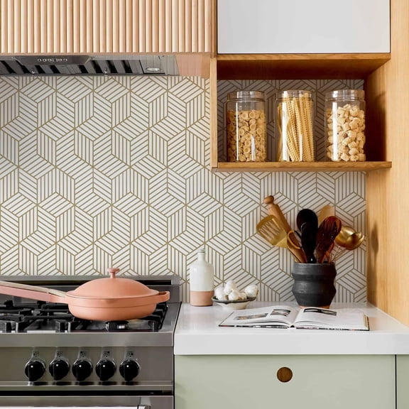 Gold Geometric Wallpaper Peel and Stick 512In L 17.7In W Self Adhesive Removable Wallpaper for Bedroom/Bathroom Waterproof Gold/White Contact Paper Hexagon Modern Contact Paper for Cabinets