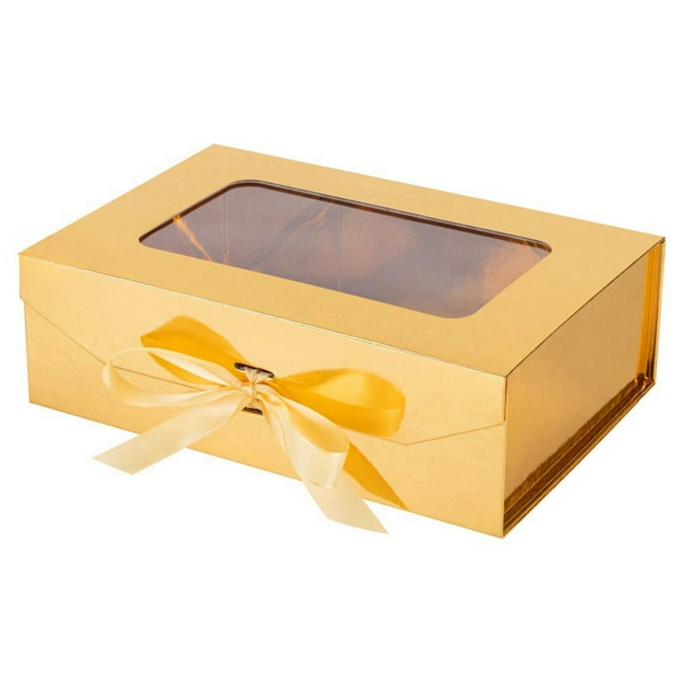 Gold Gift Box for Presents with Ribbon 10.8x7.5x3.5 Inches Clear Gift Box  with Window Magnetic Closure Gift Boxes with Lids
