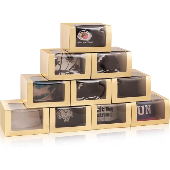 Gold Gift Boxes with Window Display for Hat Storage Containter Baseball Caps (Fitted, Snapbacks, Trucker), 7.8" x 4.8", 10 Pack