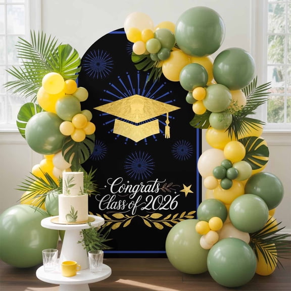 Gold Gingham Arch Backdrop Cover, 4FT, Class of 2026 Fireworks Academic Graduation Black Spandex Arch Covers Double-Sided Backdrop for Wedding Birthday Party Photo Background Decoration