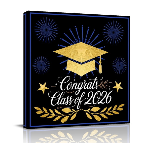 Gold Gingham Canvas Wall Art for Living Room, Class of 2026 Fireworks Academic Graduation Black Poster Print Painting for Bedroom Office Home Decoration Wall Pictures Prepare To Hang 8"x8"
