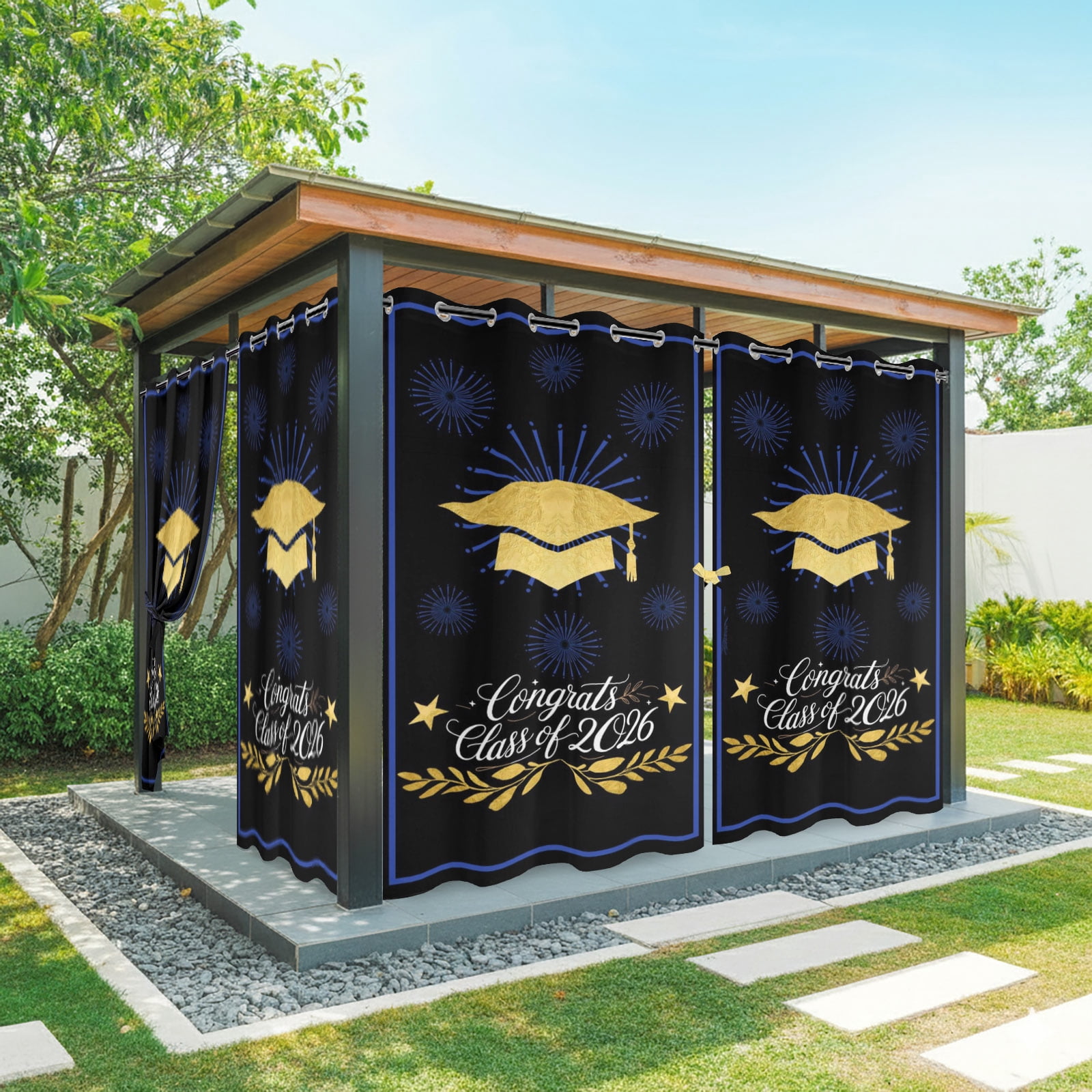 Gold Gingham Outdoor Curtains for Patio, Class of 2026 Fireworks Academic Graduation Black Sunshade Privacy Drapes Grommet Waterproof Outside Curtains for Porch/Cabana/Balcony 54"x 108", 1 Panel