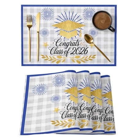 Gold Gingham Placemats Set of 1 Class of 2026 Fireworks Graduation Gray Plaid Heat Insulation Washable Place Mats, Non-Slip Table Mats for Dining Table Party Kitchen Decor, 13x19 Inch