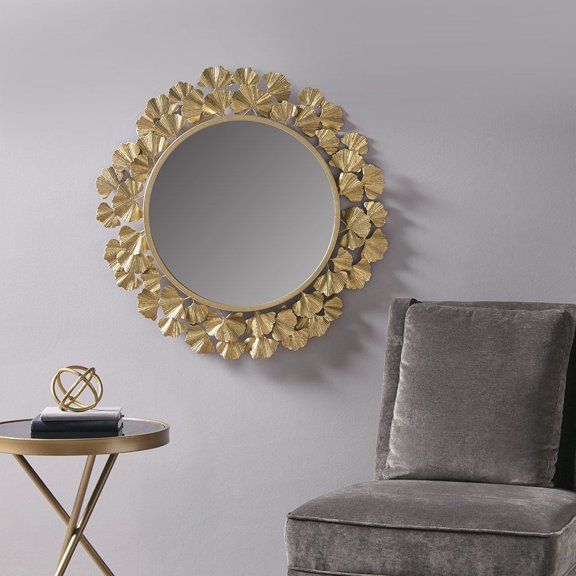 Gold Gingko Leaf Round Wall Mirror 30.5" Diameter, Sculptural Iron Frame, Transitional Home Decor Accent