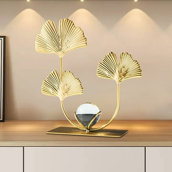 Gold Ginkgo Leaf Crystal Ball Base Statue | Metal Art Sculpture for Home Office Desk Decor | Elegant Gold Leaf Line Design Bookshelf Decoration