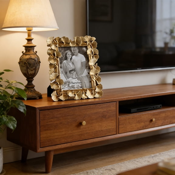 Gold Ginkgo Leaf Resin Photo Frame - Unbreakable Tabletop/Wall Mount, Hand-Painted Home Decor, Perfect for Family Pictures & Living Room Bedroom Display