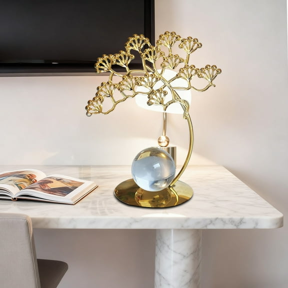 Gold Ginkgo Leaf Sculpture | Metal Art Desk Statue | Crystal Ball Base Home Office Decor | Elegant Bookshelf Ornament