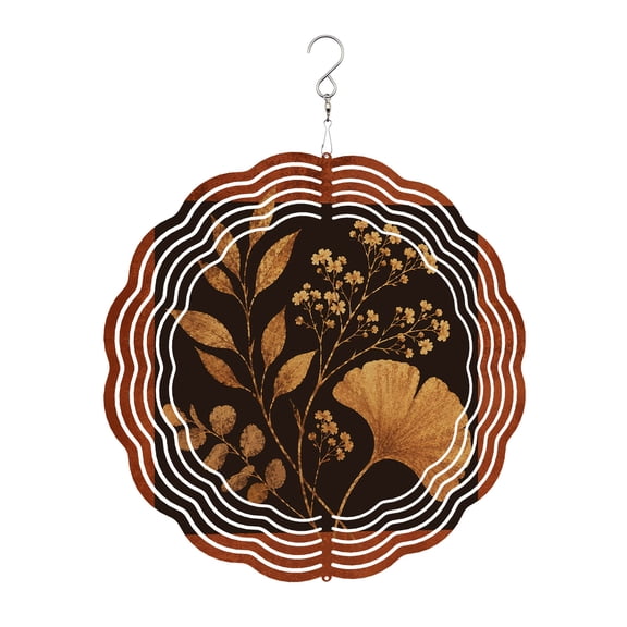 Gold Ginkgo Leaf Wind Spinner for Garden Yard 8In, Rustic Plant Sprig Flower Buds Brown Border 3D Stainless Steel Kinetic Hanging Wind Spinners Rustproof Outdoor Decor for Lawn Patio Home