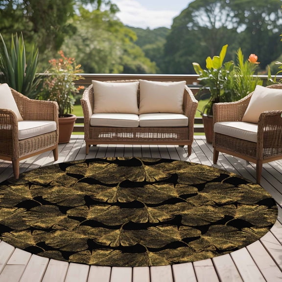 Gold Ginkgo Leaves 8ft Round Rug for Open Concept Living Room Seating Zone, Realistic Plant Black Background Washable Non Slip Large Circle Area Rug
