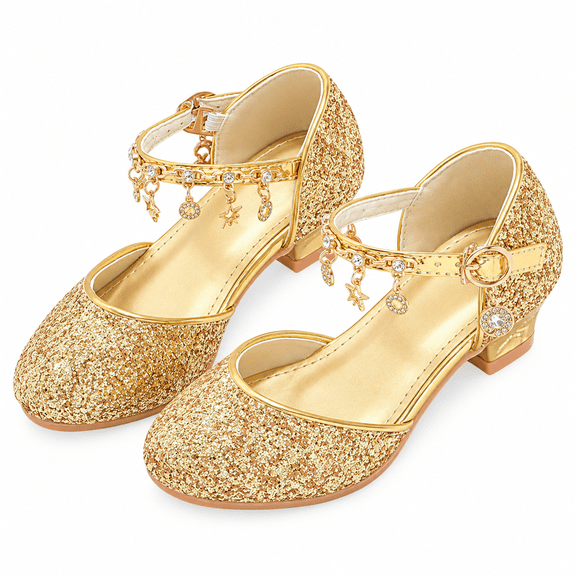 Gold Girls Glitter Princess Dress Shoes Size 1, Kids Sparkly Low Heel Party Ankle Strap Sandals
