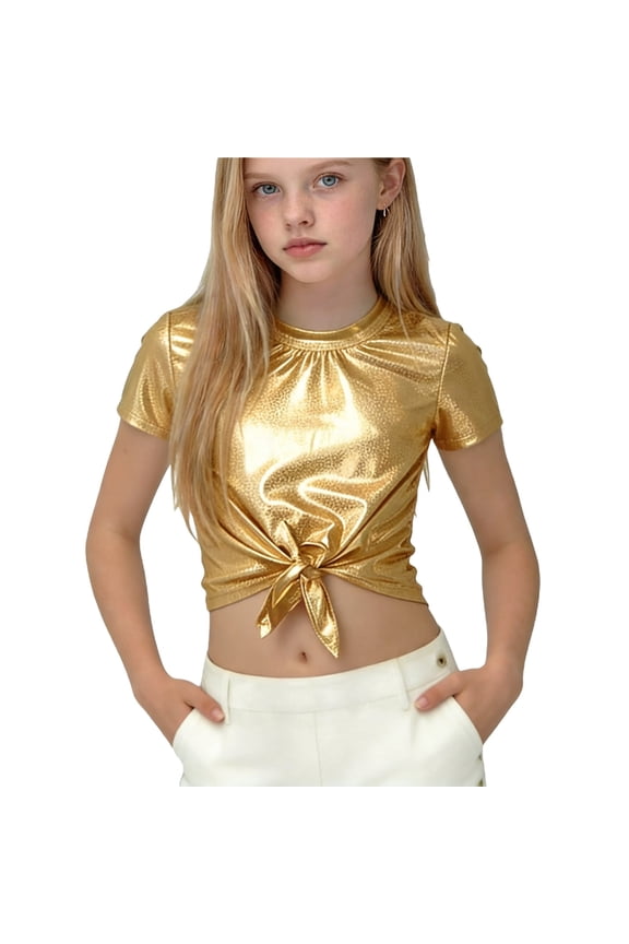 Gold Girls Metallic Crop Top Tie Front Short Sleeve Shiny Party Top T Shirt Kids Fashion Tops Summer Clothes,Size 11-12T