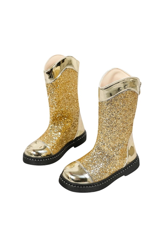 Gold Girls Mid-Calf Boots With Zipper Closure, Stylish Student Footwear, Easy To Match With Various Outfits, Fall And Winter Fashionable Sequined Bowknot High Boots