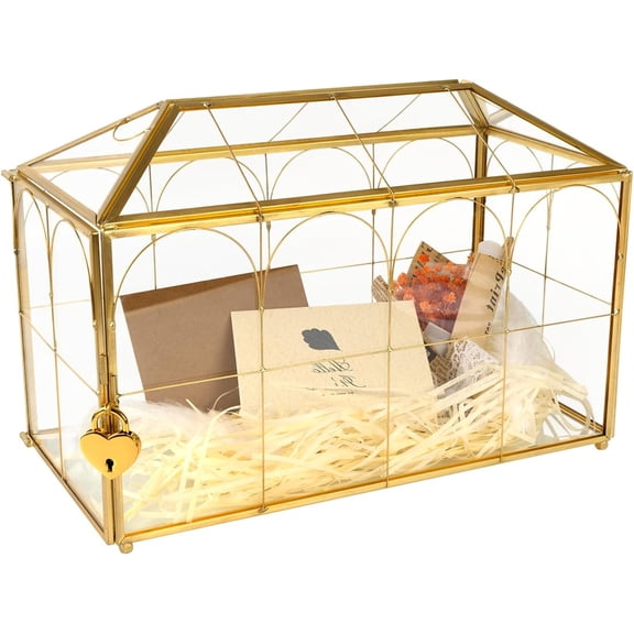 Gold Glass Card Box for Wedding Parties - 12.6 x 5.9 x 9 Inch Decorative Container