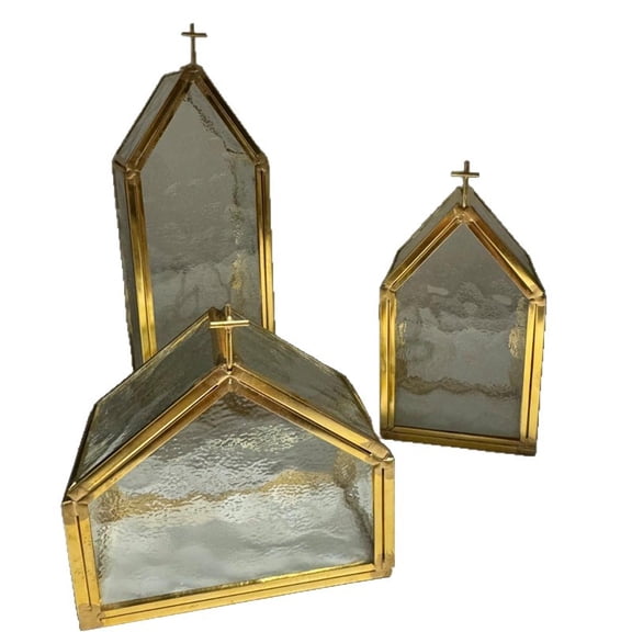Gold Glass Church-Shaped Candle Holder 3-Piece Set, Chapel Wedding Table Centerpiece, Religious Ceremony Decor, Home Altar Lighting Decoration