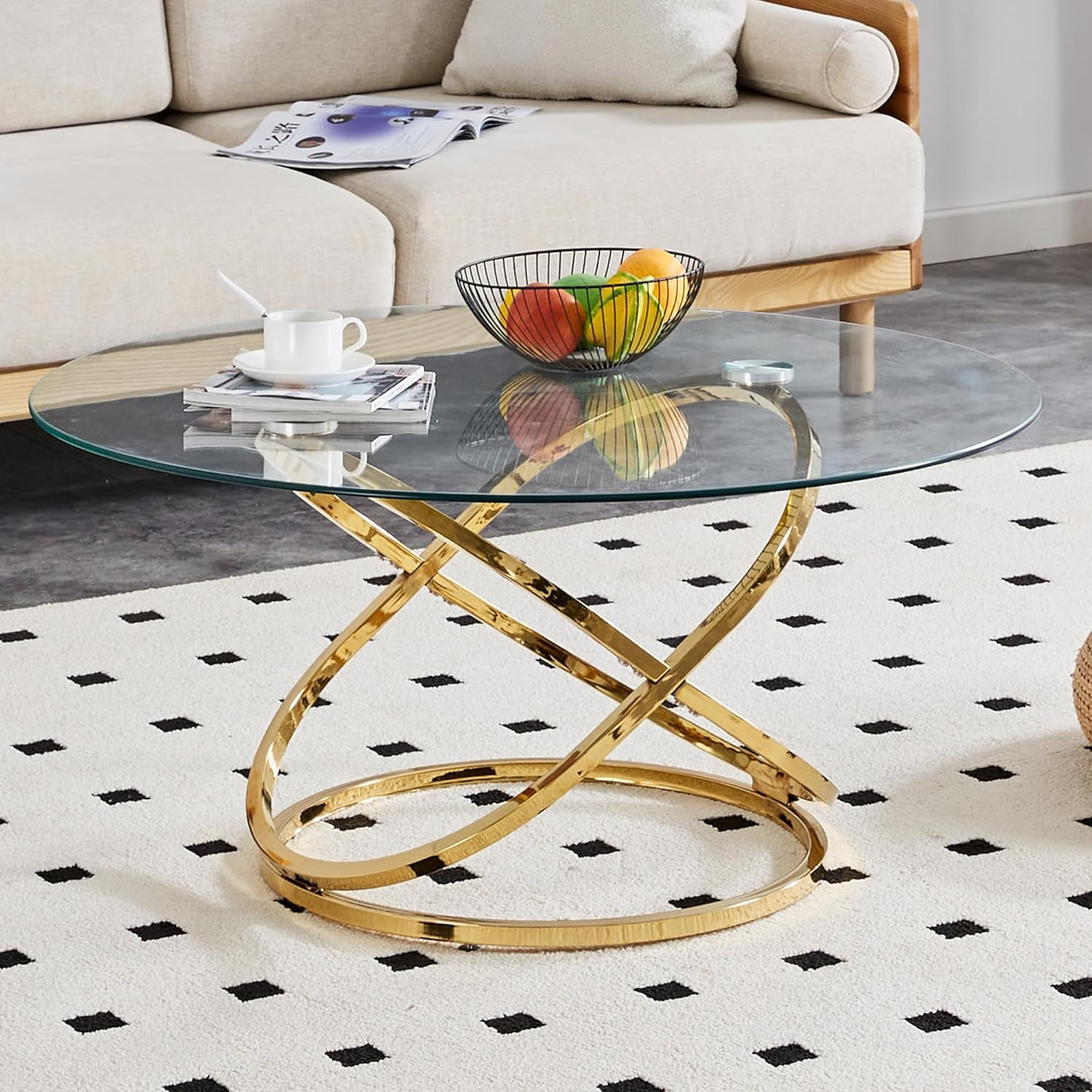 Gold Glass Coffee Table 39.4 Inch Round Living Room Table, Modern Large ...