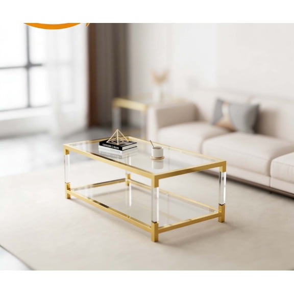 Gold Glass Coffee Table with Acrylic Legs - Modern Two-Tier Tempered Glass Top & Metal Frame, 47.2 Inch Luxury Living Room Furniture