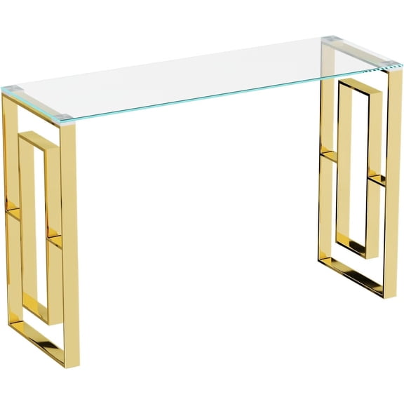 Gold Glass Console Table, Farmhouse Narrow Entryway Table with Gold Thickened Stainless Legs, 47-Inch Narrow Long Sofa Table for Entrance, Hallway, Foyer, Living Room, Easy Assembly