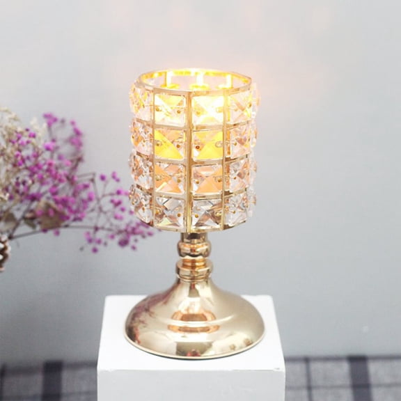 Gold Glass Crystal Bead Candelabra - 8.4in Tall Votive Candle Holder for Tea Lights - Elegant Centerpiece for Table Wedding & Home Decor - Tealight Candle Holder with Bling Crystal Beads