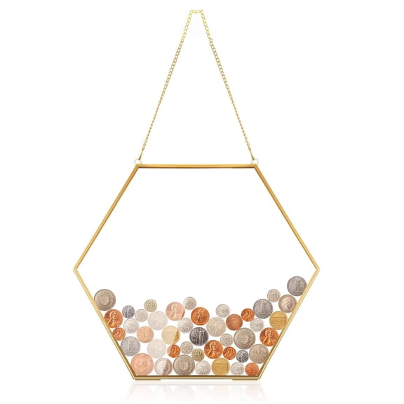Gold Glass Frame for Coin Display,Happon Coins Display Stands,Wall Hanging Coin Collecting Holders,Currency Dollar Collection Holders for Collectors (Hexagonal)