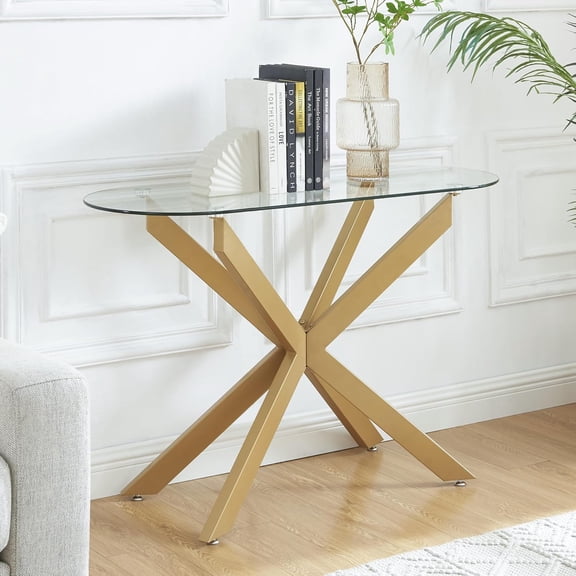 Gold Glass Oval Console Table, Modern Style Entryway Hallway Narrow Sofa Table, Entrance for Entryway, Living Room, Foyer, Hallway, Office, 45" Lx18 Wx30 H Gold