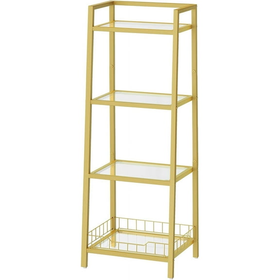 Gold Glass Shelf Stand, 4 Tier Standing Shelf Unit, Bathroom Organizer and Storage, Floor Storage Shelves Waterproof, for Bathroom, Laundry, Toilet, Tempered Glass, Gold GD79CJ01