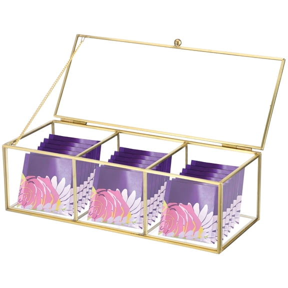 Gold Glass Tea Bag Organizer, Clear Tea Storage Box with Hinged Lid, 3-compartment Countertop Cosmetics Holder, Storage Case for Coffee Pods, Sugar Packets, Jewelry