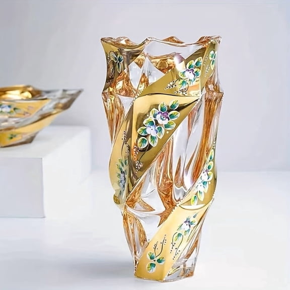 Gold Glass Vase, 9" Tall Crystal Flower Vase, Boho & European Style Vintage Glass Vase for Wedding Centerpieces Living, Office, Room Home Decor & Handmade Decorative Flower Vase