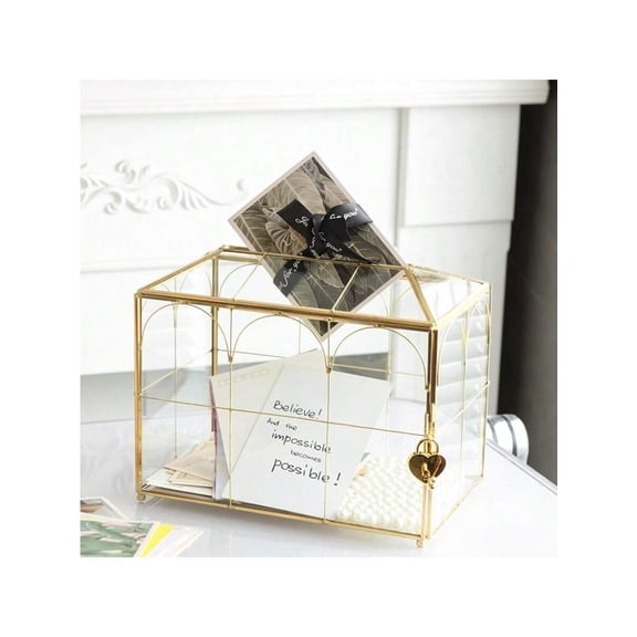 Gold Glass Wedding Card Box With Slot, 10.2 X 5.9 X 7.9 Inches Handmade Vintage Gold Wedding Card Boxes For Reception, Keepsake, Baby Shower, Graduation, Party Decorative Box