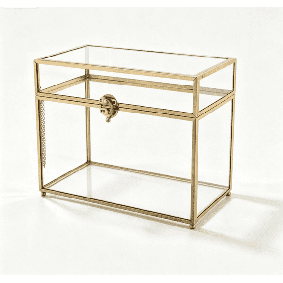 Gold Glass Wedding Card Box with Hinged Latch Lid, Rectangular Terrarium Display Storage Box for Reception Party Keepsake Card Envelope Holder