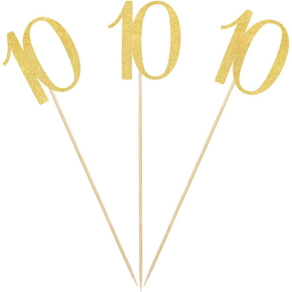 Gold Glitter 10th Birthday Centerpiece Sticks, 12-Pack Number 10 Table Topper Anniversary Party Decorations