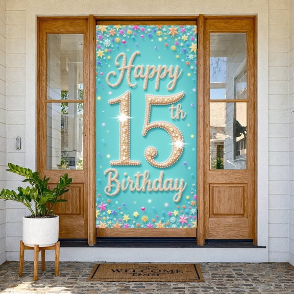 Gold Glitter 15th Birthday Banner Crystal Decor Happy 15th Display Colorful Stars Turquoise Background Sweet 15 Backdrop for 15th Birthday Party Teen Celebration Photo Backdrop