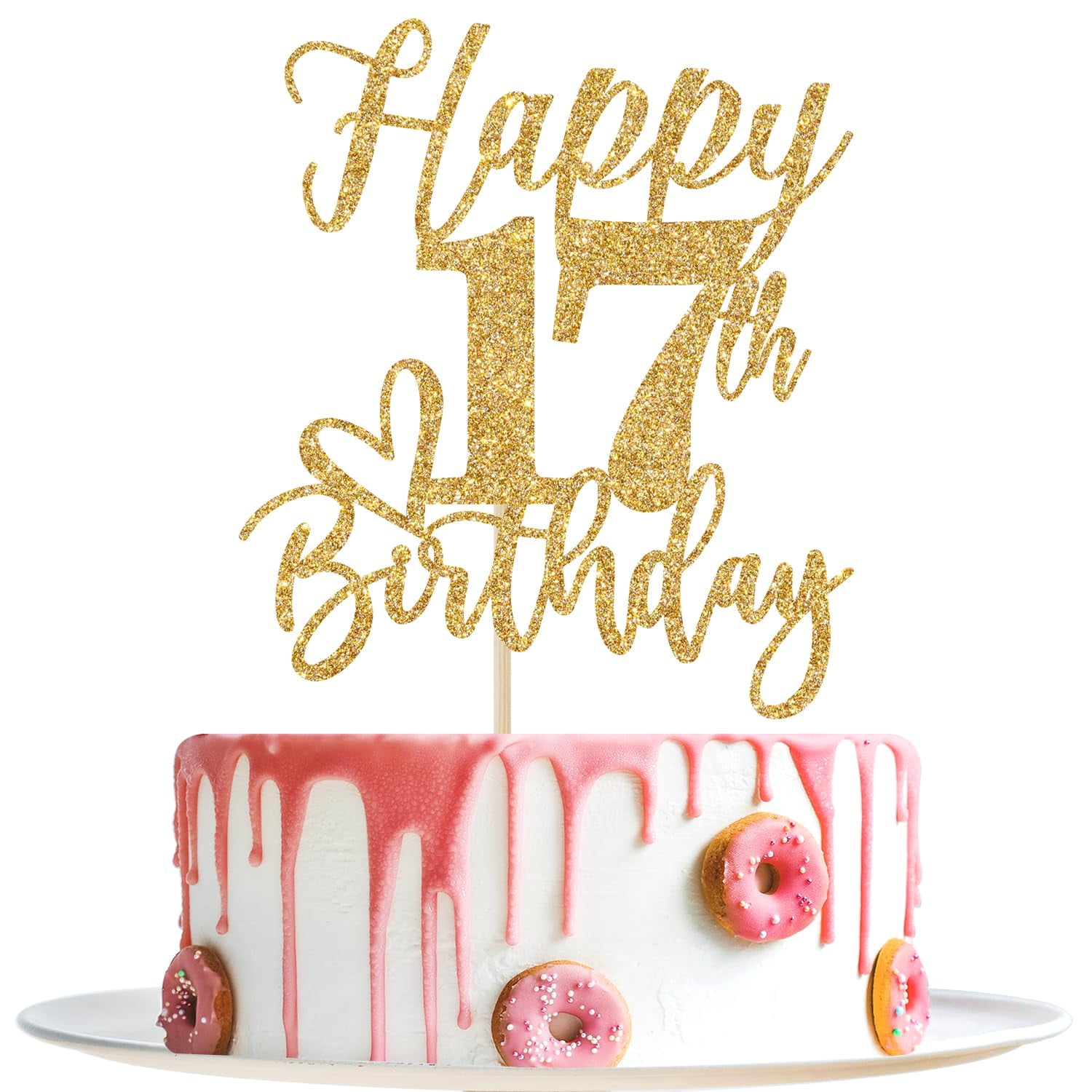 Gold Glitter 17th Birthday Cake Topper - Cheers to 17 Years, Hello 17 ...