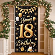 Gold Glitter 18th Birthday Banner Black Background Happy 18th Display Balloon Design Crown Birthday Backdrop for 18th Birthday Party Teen Celebration Photo Shoot
