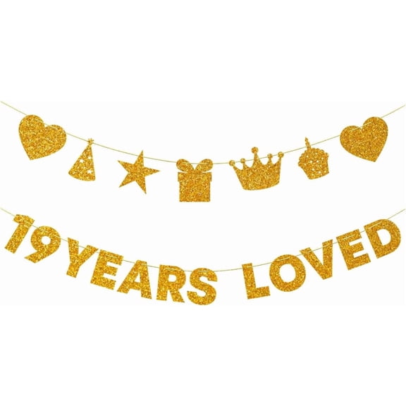 Gold Glitter "19 Years Loved" Banner with Birthday Icons, 19th Birthday Party Supplies