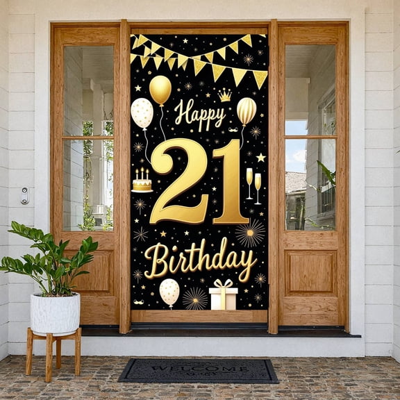 Gold Glitter 21st Birthday Banner Black Background Birthday Backdrop Balloon Decor Crown Celebration Background for 21st Birthday Party Adult Celebration Photo Shoot