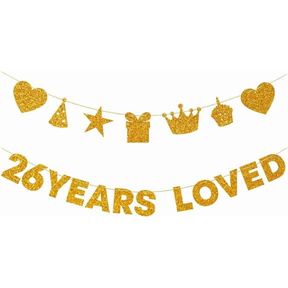Gold Glitter "26 Years Loved" Banner with Birthday Icons, 26th Birthday Party Supplies