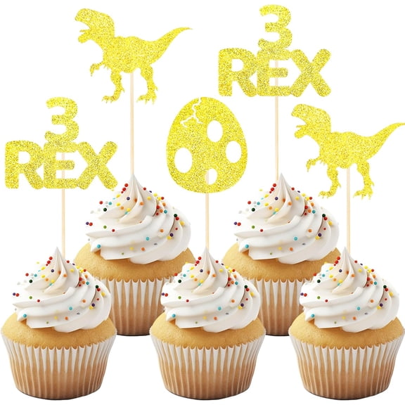 Gold Glitter 3 Rex Dinosaur Egg T-Rex Cupcake Toppers 12Pcs Dino Themed 3rd Boys Birthday Party Cupcake Picks