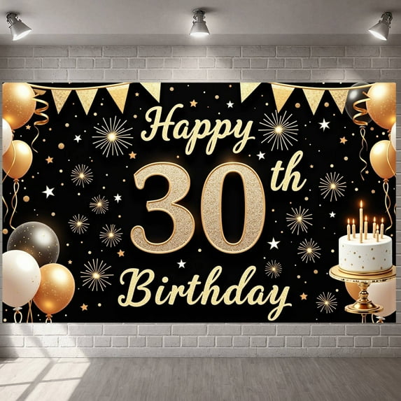 Gold Glitter 30th Birthday Banner Black Background Display Golden Stars Firework Design 30th Celebration Backdrop for 30th Birthday Party Adult Celebration Photo Backdrop