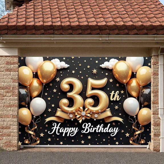 Gold Glitter 35th Birthday Banner Shiny Stars Display Golden Balloons Elegant Ribbon 35th Celebration Backdrop for 35th Birthday Party Adult Celebration Photo Shoot