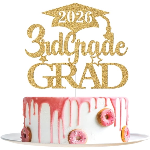 Gold Glitter 3rd Grade Grad 2026 Cake Topper, Elementary Third Grade Graduation Party Cake Decor Pick 1 Pack
