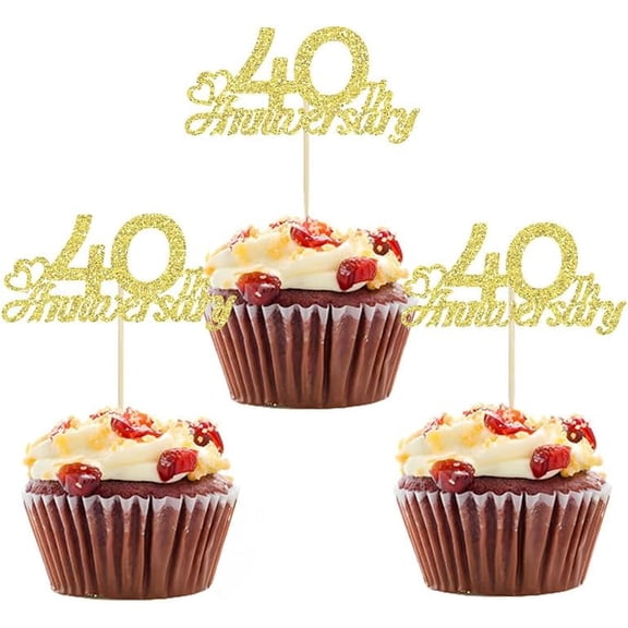 Gold Glitter 40th Anniversary Heart Script Cupcake Toppers 12 Count Ruby Wedding Anniversary Celebration Cupcake Decor Picks