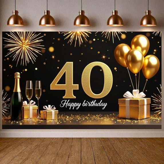 Gold Glitter 40th Birthday Banner Champagne Theme Display Balloon Decor Firework Design Milestone Celebration Backdrop for 40th Birthday Party Adult Celebration Photo Shoot
