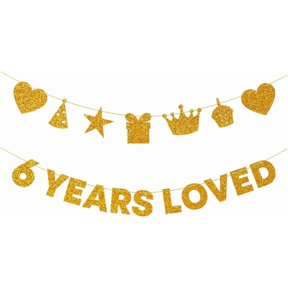 Gold Glitter "6 Years Loved" Banner with Birthday Icons, 6th Birthday Party Supplies