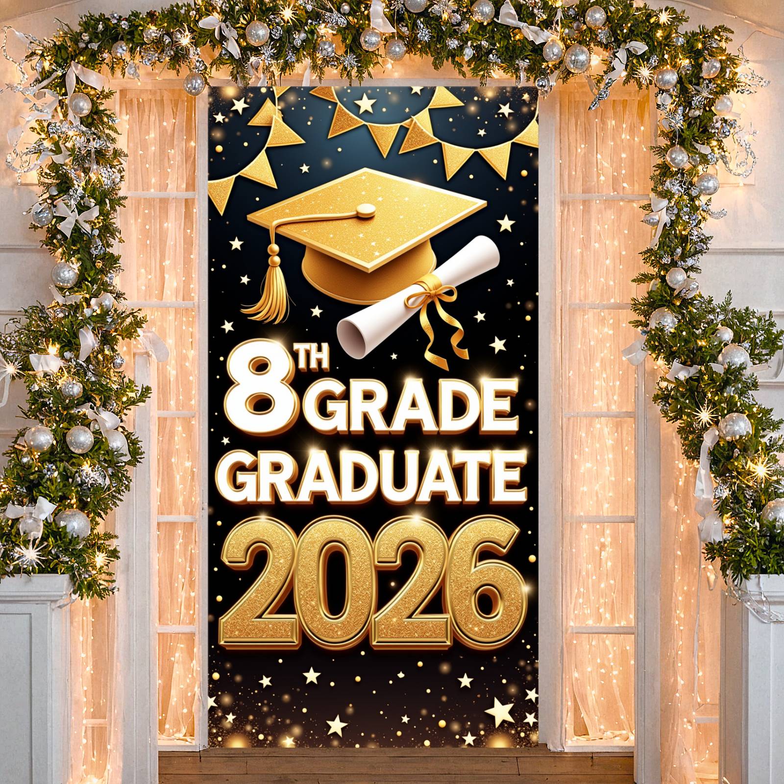 Gold Glitter 8th Grade Grad Banner Star Decor Graduation Display Grad ...