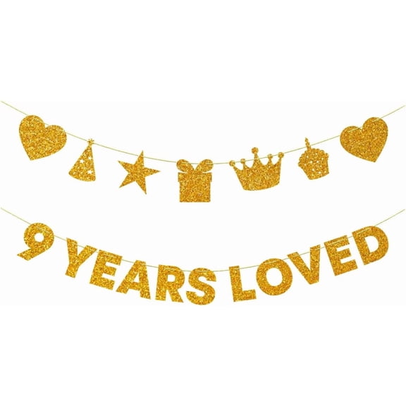 Gold Glitter "9 Years Loved" Banner with Birthday Icons, 9th Birthday Party Supplies