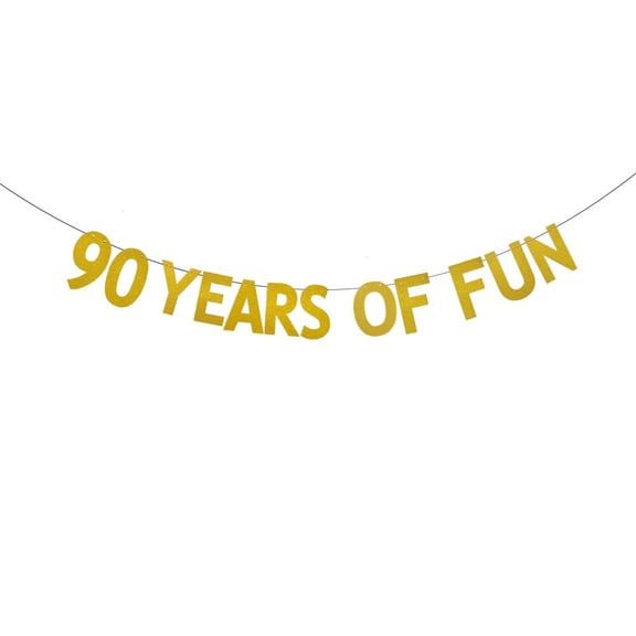 Gold Glitter 90 Years Of Fun Banner,Pre-Strung, Birthday/Anniversary Party Decorations Bunting Sign Backdrops,90 YEARS OF FUN