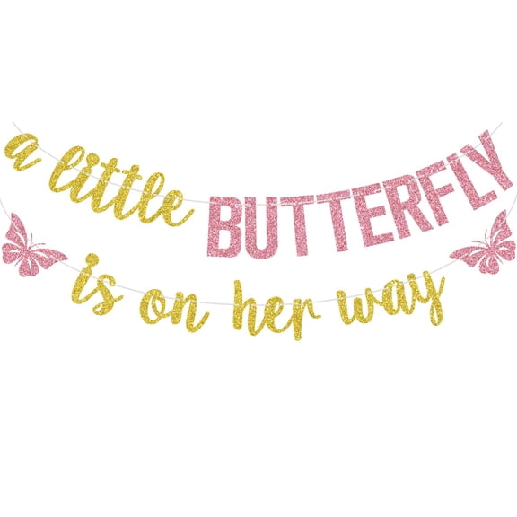 Gold Glitter A Little Butterfly is on Her Way Banner, Butterfly Themed Baby's Birthday Baby Shower Party Decorations Supplies