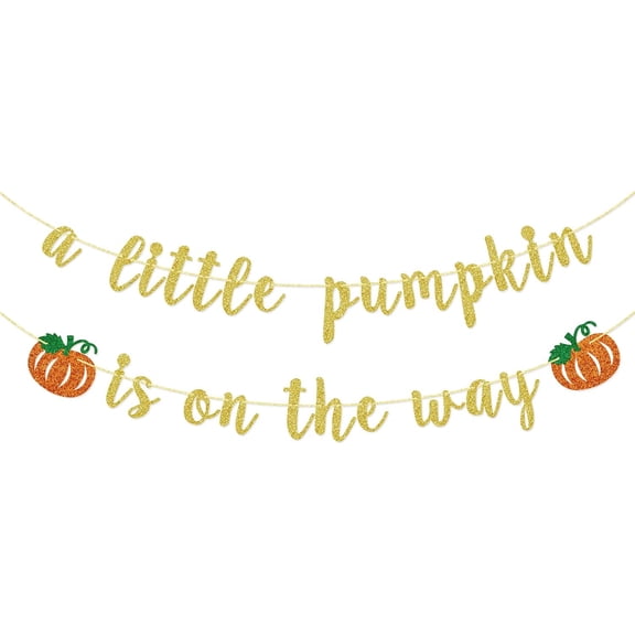 Gold Glitter A Little Pumpkin Is On The Way Banner, Fall Pumpkin Cutouts Autumn Thanksgiving Gender Neutral Baby Shower Party Wall Bunting Decor