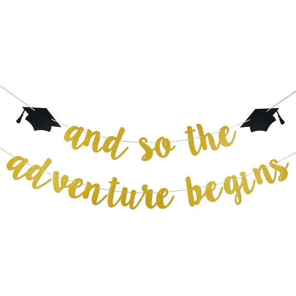 Gold Glitter And So The Adventure Begins Banner, And So The Adventure Begins Graduation Decorations College Bound Banner for College 2025 Graduation Party Decorations Gold